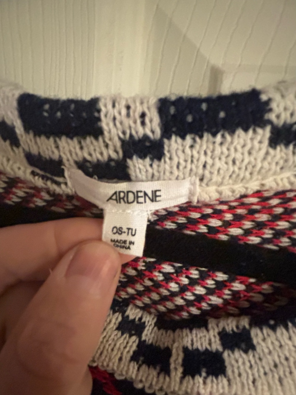 Ardene Cream Knit Fringe Poncho with Navy and Red Geometric Design - Picture 2 of 5